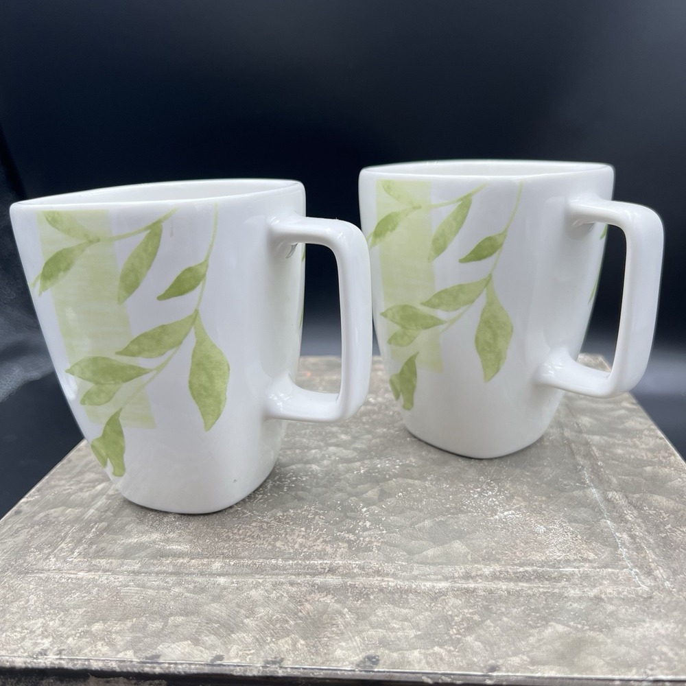 Set of 2 Corelle Coordinates Rivage Porcelain Mugs Square Handle Green Leaf VTG